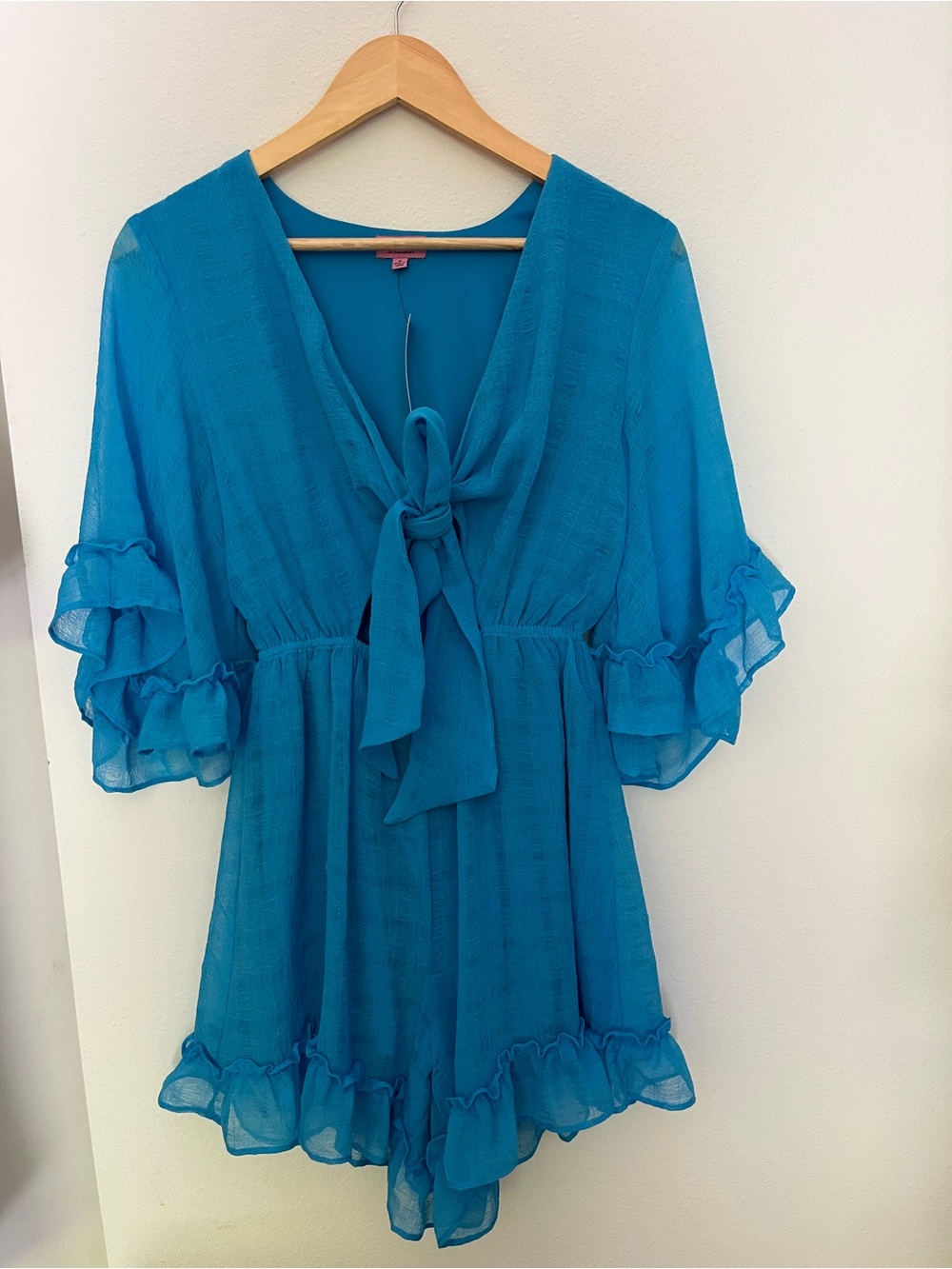Women's Teal Tie-Front Ruffle Romper - Picture 3 of 3
